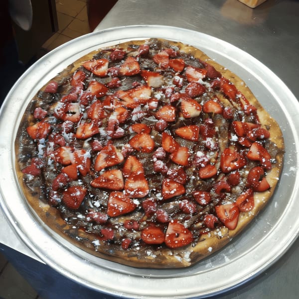 Dessert pizza with chocolate spread, sliced strawberries, and powdered sugar on a metal tray.