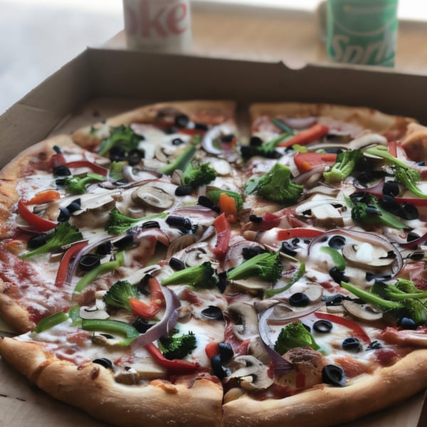Kabylos Pizza's veggie pizza with mushrooms, olives, broccoli, and peppers in a box.