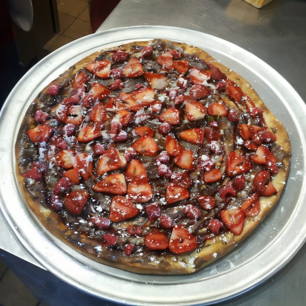 A dessert pizza from Kabylos Pizza, topped with chocolate, strawberries, and powdered sugar.