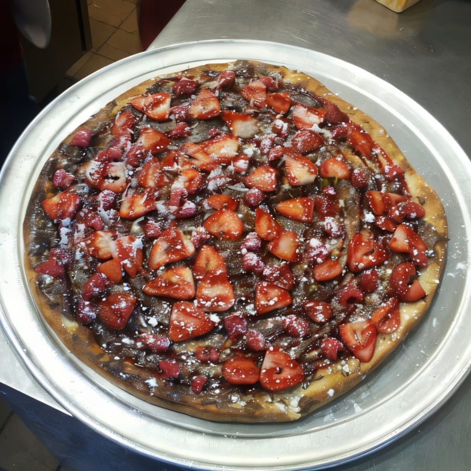 A dessert pizza from Kabylos Pizza, topped with chocolate, strawberries, and powdered sugar.
